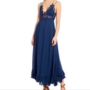 Free People adella maxi dress spaghetti strap crochet navy XS stretch